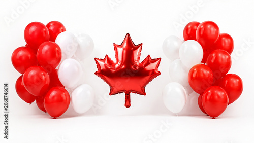 Red and white balloons arranged as Canadian flag celebration background
