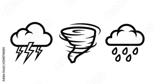 Fotografie Weather icons depicting thunderstorm tornado and rain on a white background