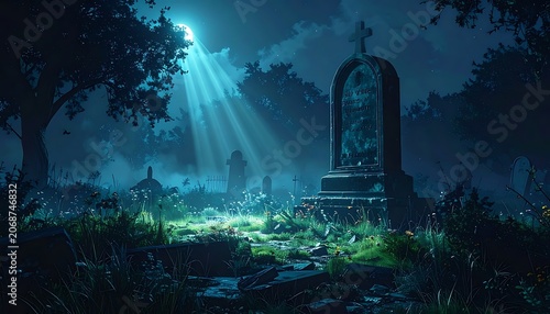 A spooky graveyard scene with a glowing beam of light