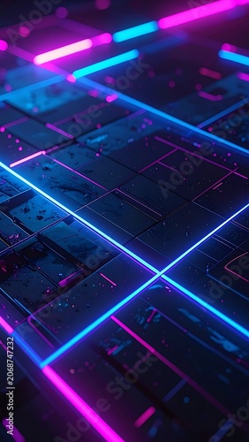 Neon-lit circuit board with pink and blue lines