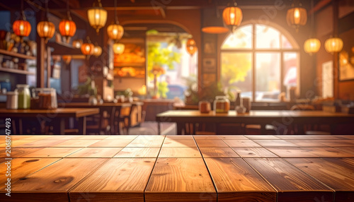 Cozy Restaurant Interior with Warm Lighting and Wooden Tables.