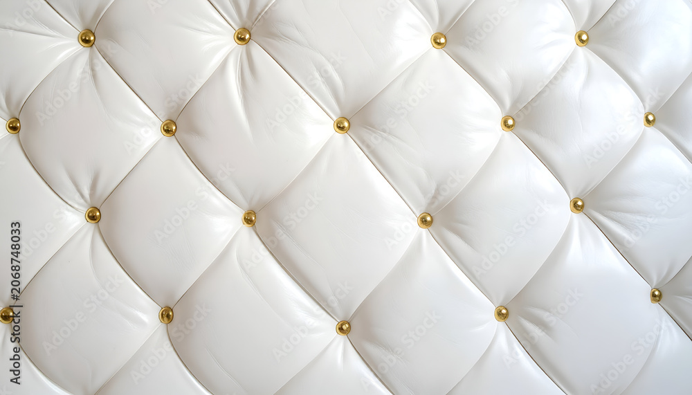 Fototapeta premium Elegant White Tufted Upholstery with Gold Studs Close-up Texture.