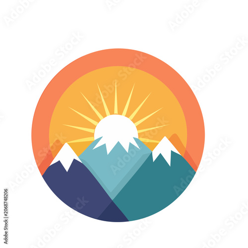 Flat design sunrise over mountains icon