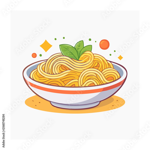 Illustration of spaghetti in a bowl with basil