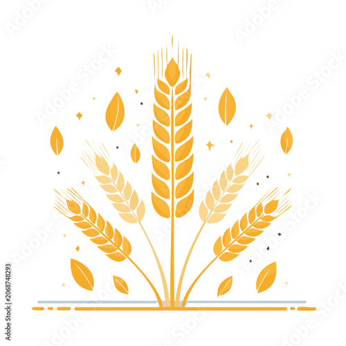 Golden Wheat Ears and Leaves Vector Illustration