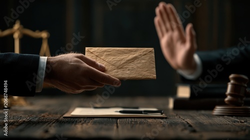 A person refuses a bribe envelope during a legal proceeding, symbolized by a raised hand and a judge's gavel in a courtroom setting.