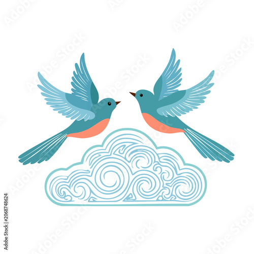 Two Blue Birds Flying Over Decorative Cloud Illustration