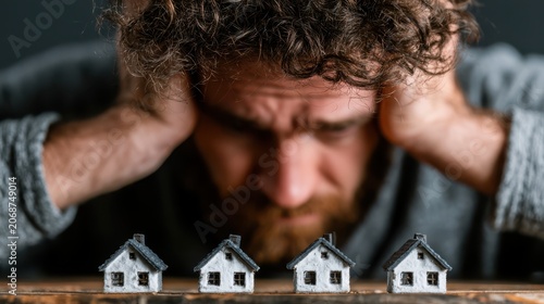 A stressed man holding his head behind four small model houses, symbolizing financial pressure or housing concerns.