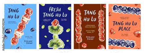 Tanghulu cafe, street food posters set. Ad flyer deigns with sugar-coated fru...