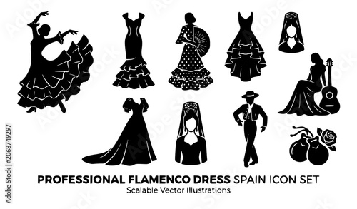 Quadro su tela Spanish Flamenco Dress Black Silhouette Icon Traditional Spain Costume Vector