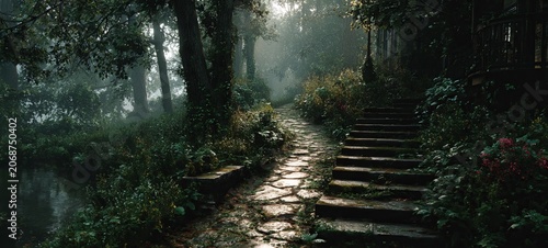 Enchanting Forest Path with Stone Steps and Sunlit Mist.
