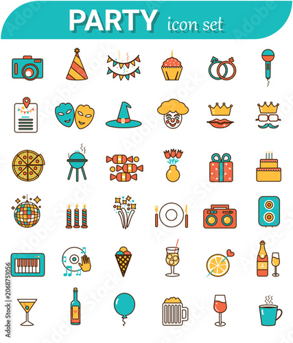 Εκτύπωση καμβά Party holiday celebration icon set with thirty six colorful symbols