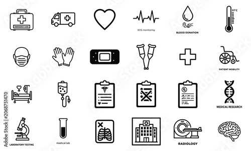 Set of medical and healthcare icons for clinic and hospital services with healthcare hospital emergency treatment diagnostic equipment ambulance