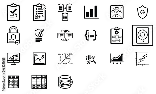 Data analysis and report management icon set featuring charts and security signs analysis management business security protection document