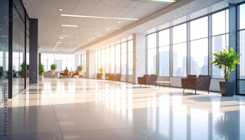 Modern Office Building Interior with Natural Light and Seating Areas.