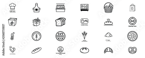 Set of bakery and pastry shop icons featuring bread loaves and chef hats illustration business collection croissant baguette minimalist