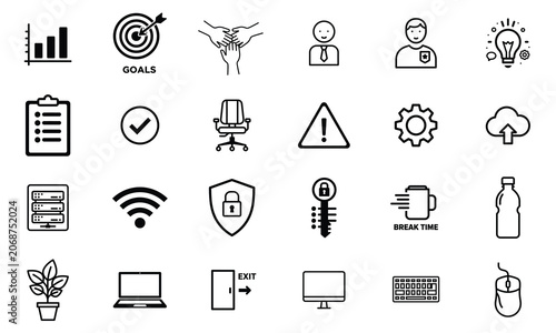 Business and productivity web interface line icons set with business productivity management interface checklist password keyboard illustration