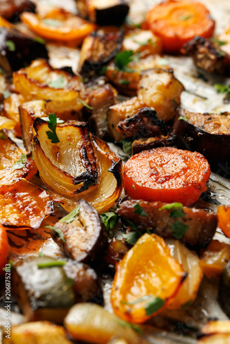 Sweet Balsamic Roasted Vegetables on Baking Sheet