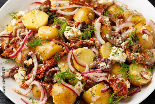 Greek Potato Salad with Feta Cheese, Kalamata Olives, Sun Dried Tomatoes and Red Onion
