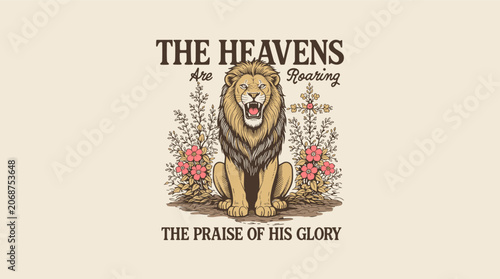 Canvastavla Majestic vintage lion roaring with wildflowers and religious biblical text, retr