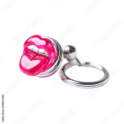 Keyring with shiny, stylized pink lips and tongue emblem, metallic ring