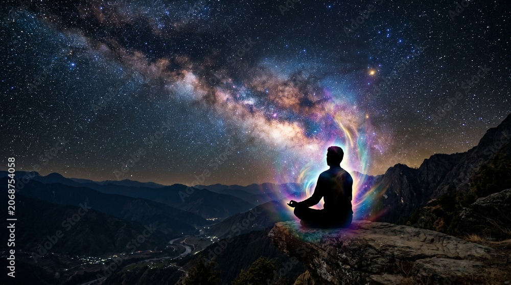 Fototapeta premium man in the night yoga in the mountains