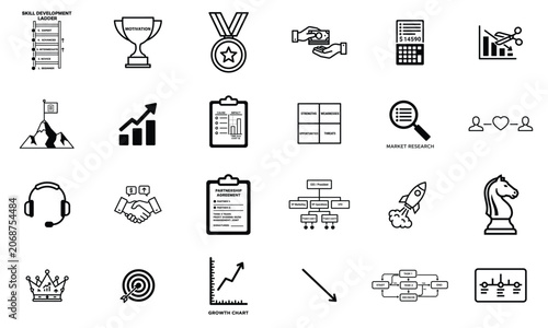 Set of business and finance management icons including strategy and planning elements with business management strategy planning marketing