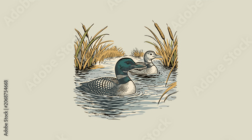 Vintage common loons swimming in a lake with cattails, retro graphic illustration for outdoor apparel and cabin lodge branding