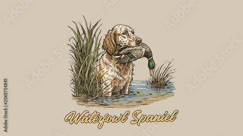 Vintage waterfowl spaniel hunting dog retrieving mallard duck in marsh reeds, hand-drawn engraving style graphic for apparel and outdoor branding