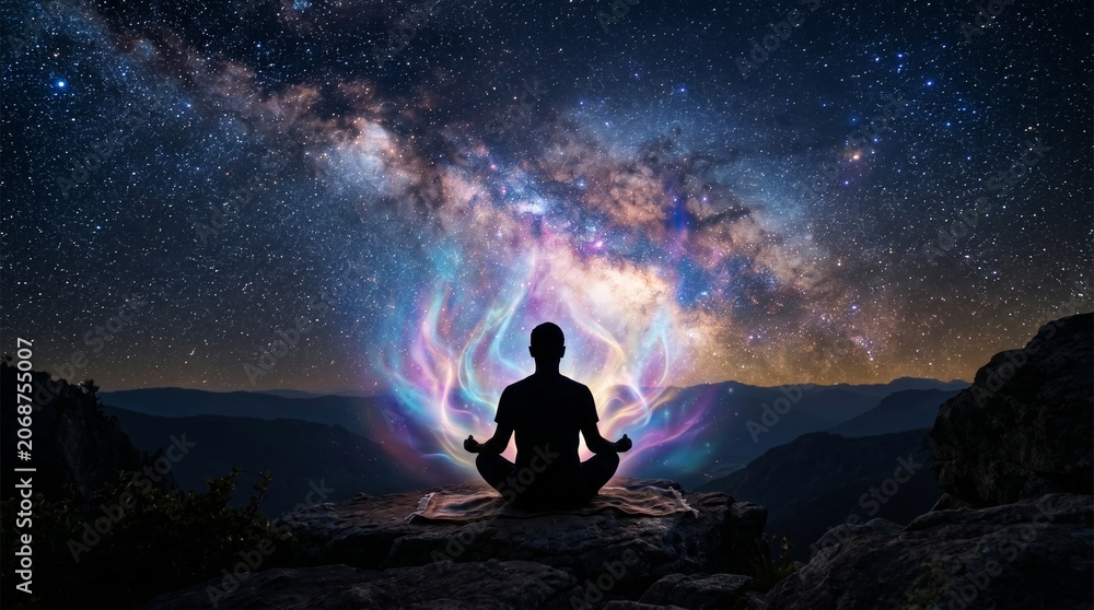 Fototapeta premium man in the night yoga in the mountains