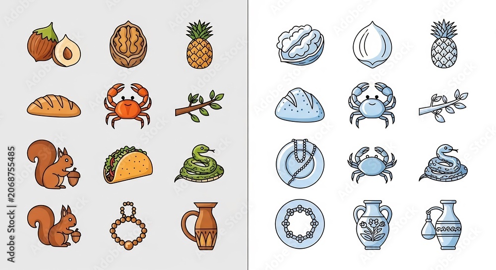 Fototapeta premium Diverse food and animal icon set vector collection