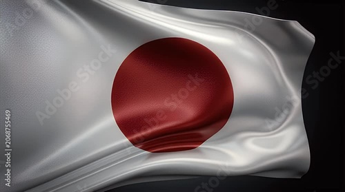 Flag in Motion Blowing in Wind with Red Circle Emblem over White Field in Dramatic Dark Background