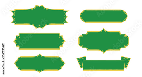 Set of Decorative Green Banners and Blank Frames with Golden Outlines for Elegant Label Designs and Professional Graphic Branding Projects