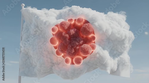 Floating Cloud Flag Surrounded by Red Cellular Forming Dynamic Structure in Clear Sky