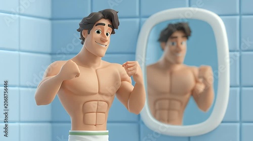 Muscular Toy Figure Greeting and Checking Mirror in Bright Bathroom