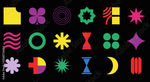 Neo-Brutalist geometric shapes collection, 18 colorful abstract icons on black background, minimalist vector design elements for branding