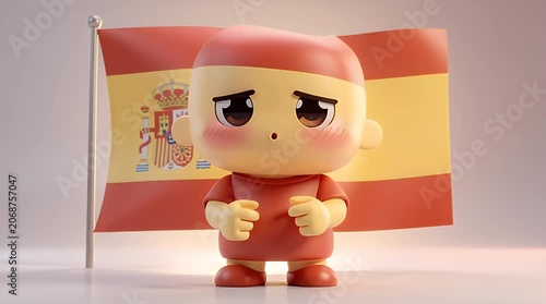 Small Cartoon Character Shy Figure Standing Near Flag in Quiet Room