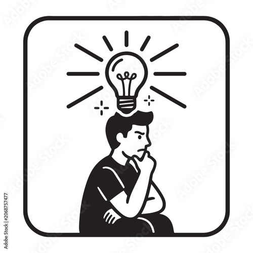 Thoughtful man sitting with light bulb above head creative idea concept.