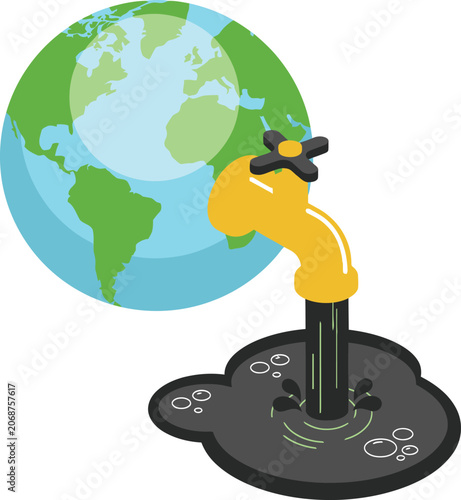 Картината върху платно Planet earth with a yellow faucet dripping black oil, symbolizing resource deple