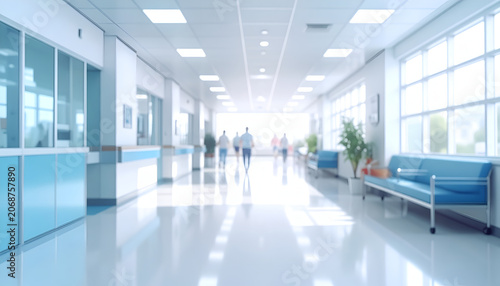 Modern Hospital Corridor with Natural Light and Seating Areas.