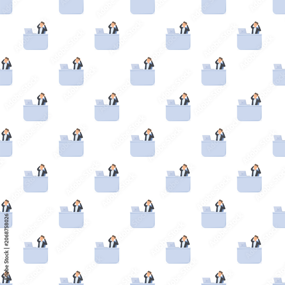 Fototapeta premium Stressed businessman sitting at a desk with a laptop displaying a seamless pattern