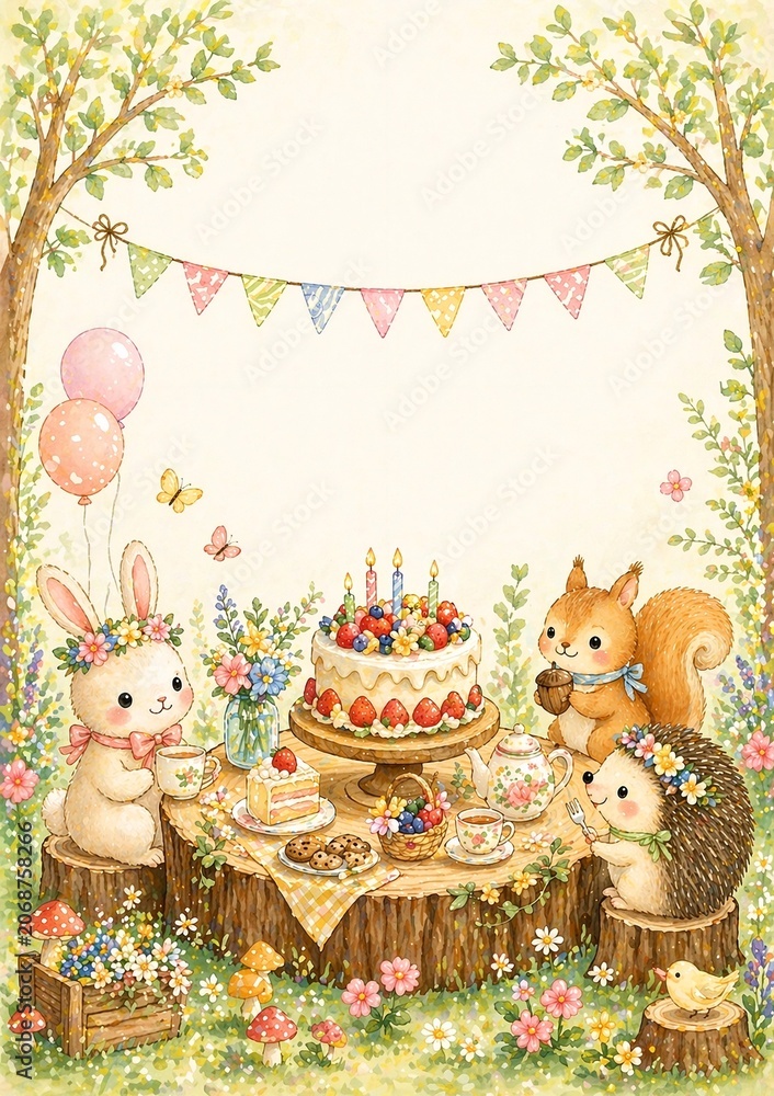 Fototapeta premium Watercolor-style forest birthday party