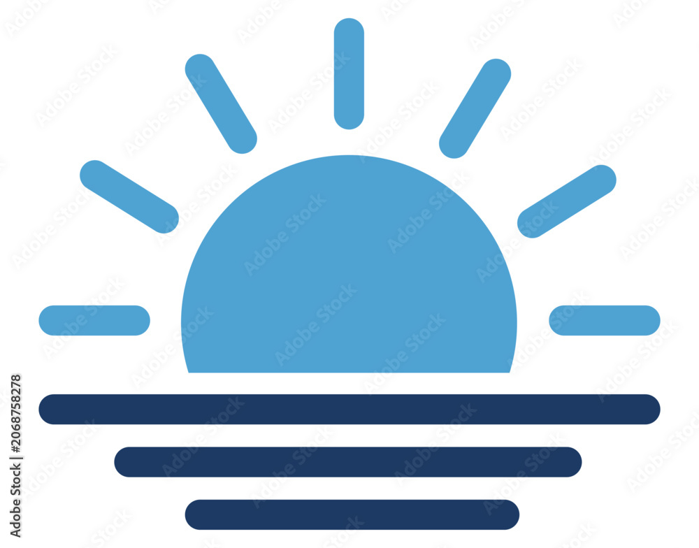 Fototapeta premium Minimalist blue sun rising over the ocean waves illustrated as a simple flat vector graphic icon on transparent background