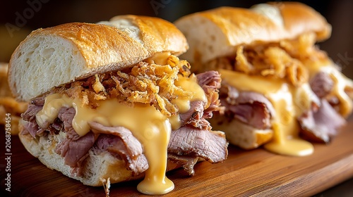 Appetizing beef slider sandwich with melted cheese and crunchy toppings