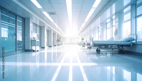 Bright Modern Hospital Corridor with Medical Beds and Natural Light.