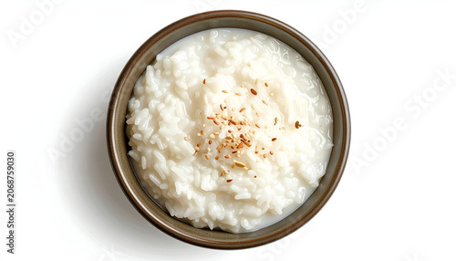 A Close-Up Overhead View of Creamy Rice Porridge Topped with Spices.