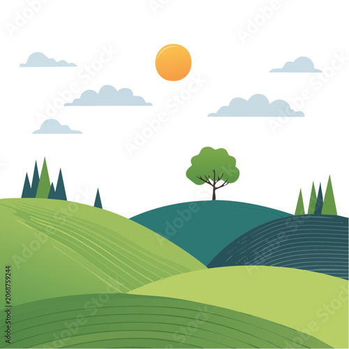 Flat illustration of rolling hills with tree and sun