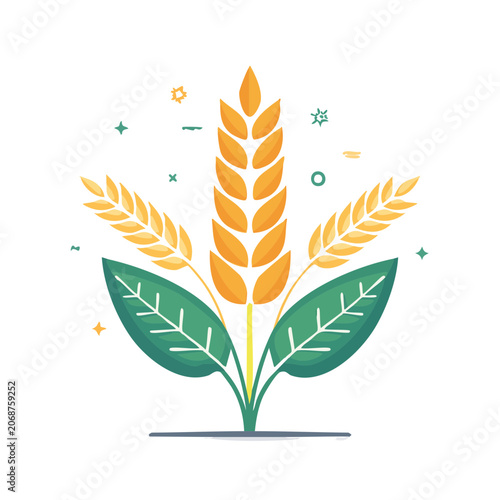 Flat illustration of wheat with leaves and decorative elements