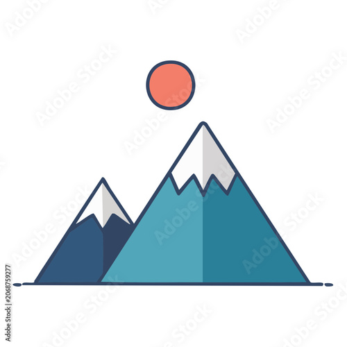 Flat vector illustration of mountain range with sun