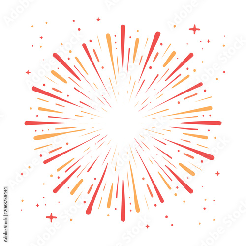 Red and orange starburst with sparkles on white background